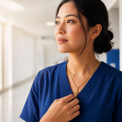 A woman in blue medical scrubs wearing a delicate gold necklace with a Rod of Asclepius Necklace, standing in a brightly lit hospital hallway.